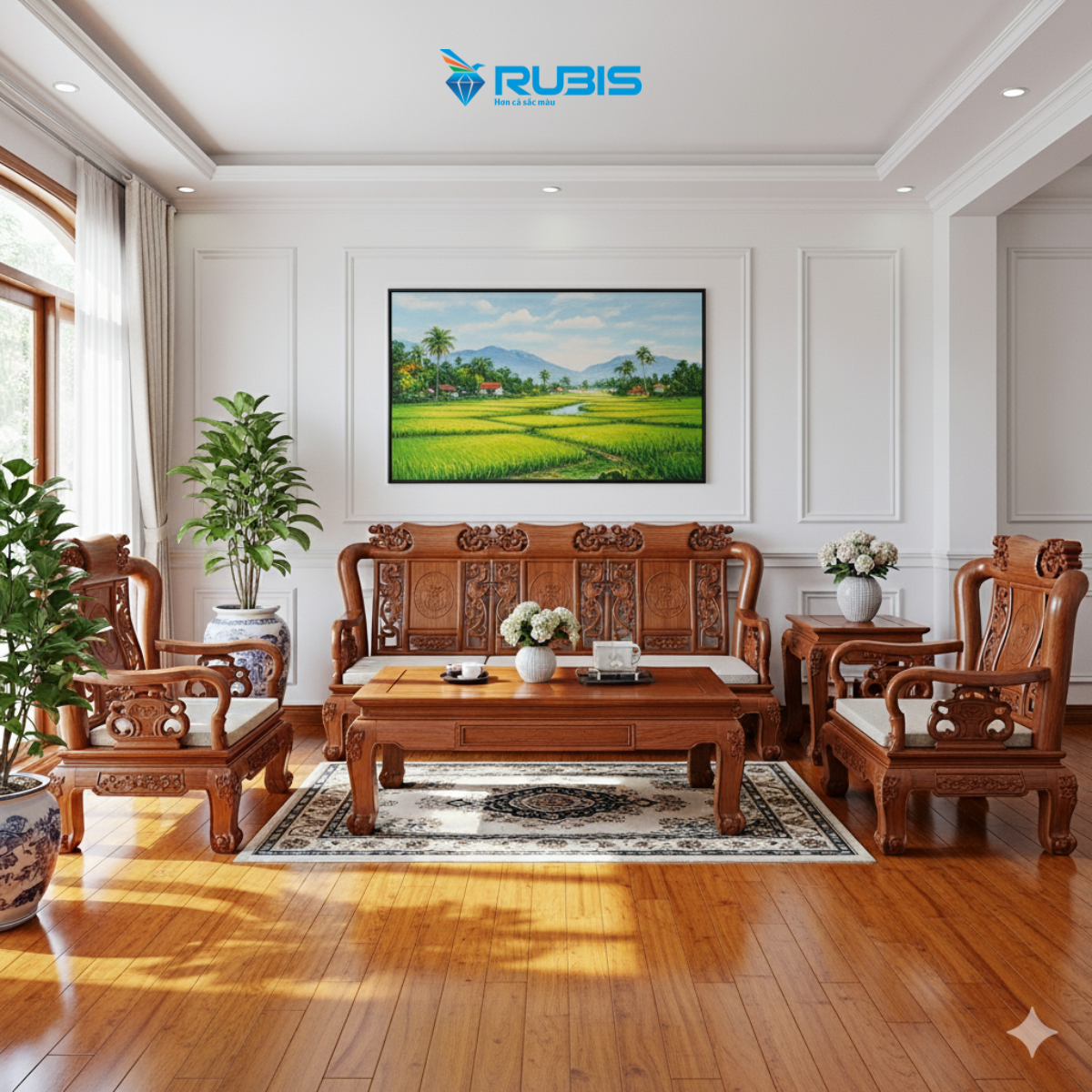 Phòng khách sơn màu trắng phong cách truyền thống