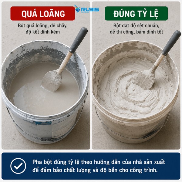 Hình ảnh so sánh bột trét pha quá loãng và bột trét đạt tỷ lệ chuẩn trong quá trình thi công tường