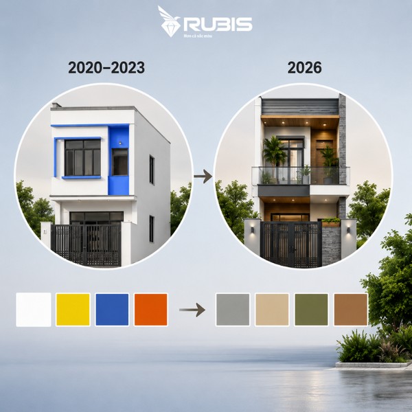So sánh xu hướng phối màu mặt tiền nhà ống 2 tầng giai đoạn 2020–2023 và năm 2026, thể hiện sự chuyển dịch từ các gam màu tương phản mạnh sang bảng màu trung tính, tự nhiên và sang trọng hơn.