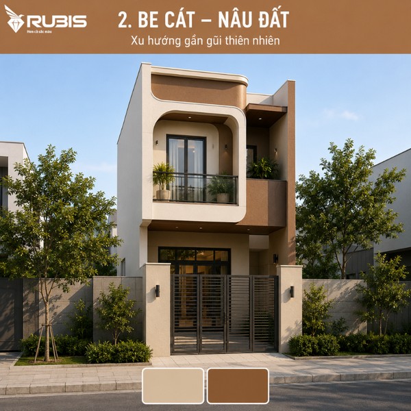 Mẫu nhà ống 2 tầng hiện đại phối màu be cát và nâu đất, tạo cảm giác ấm áp, gần gũi và sang trọng với các đường nét kiến trúc tối giản.