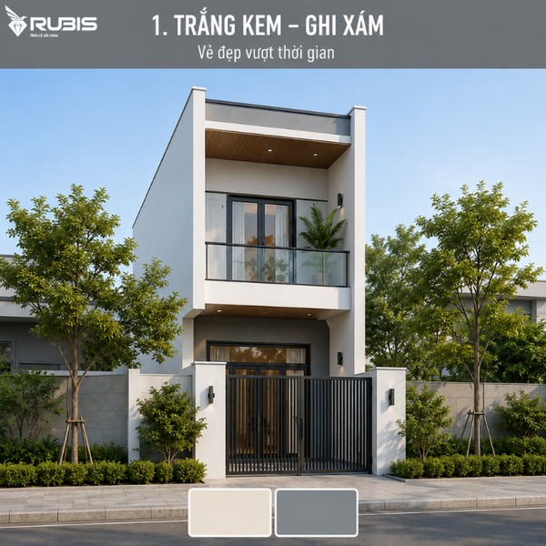 Mẫu nhà ống 2 tầng hiện đại phối màu trắng kem và ghi xám, tạo nên mặt tiền thanh lịch, cân đối và phù hợp với xu hướng kiến trúc đương đại.