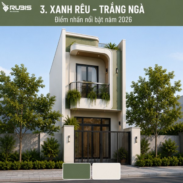 Mẫu nhà ống 2 tầng hiện đại phối màu xanh rêu và trắng ngà, tạo điểm nhấn tinh tế cho mặt tiền với vẻ đẹp hài hòa, sang trọng và gần gũi thiên nhiên.