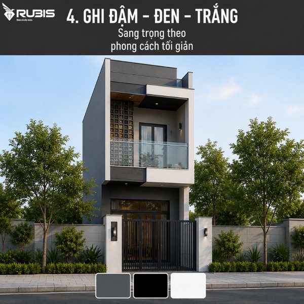 Mẫu nhà ống 2 tầng hiện đại phối màu đen trắng, ghi xám với thiết kế tối giản, mặt tiền sang trọng và tinh tế.