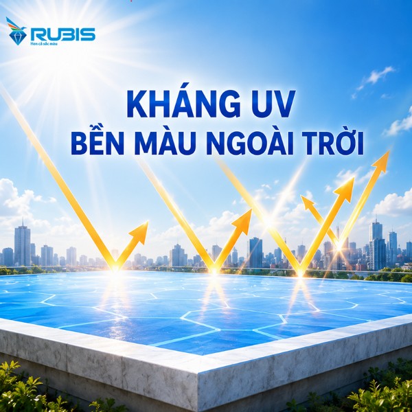 Minh họa bề mặt sân thượng với các mũi tên phản xạ tia UV, thể hiện khả năng kháng tia cực tím và bền màu ngoài trời của lớp sơn chống thấm sân thượng.