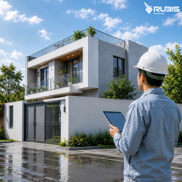 Kỹ sư kiểm tra ngôi nhà trước mùa mưa mưa để đánh giá các vị trí có nguy cơ thấm dột và hư hỏng