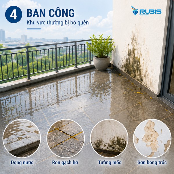 Minh họa ban công bị thấm dột với các nguyên nhân phổ biến như mưa hắt, đọng nước, nứt sàn và lớp chống thấm hư hỏng.