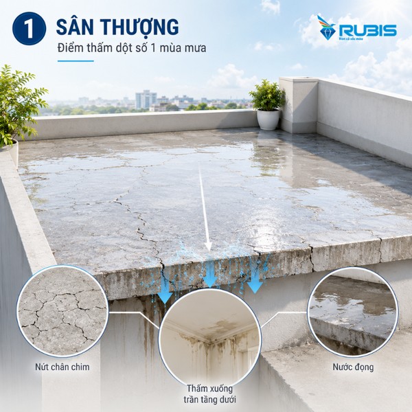 Sân thượng là vị trí dễ bị thấm dột trong mùa mưa do nước đọng, nứt bề mặt và hệ thống thoát nước kém.