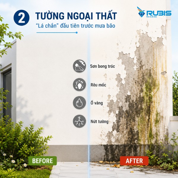 ường ngoại thất bị thấm nước với các dấu hiệu bong tróc sơn, rêu mốc và nứt tường do mưa kéo dài.