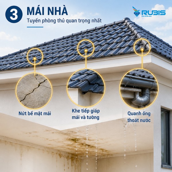 Mái nhà là vị trí dễ bị thấm dột do khe nứt, nước mưa ứ đọng và hệ thống thoát nước xuống cấp.