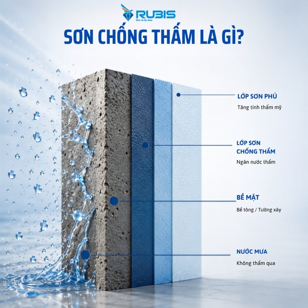 Hình ảnh mô phỏng cấu tạo sơn chống thấm với lớp màng bảo vệ ngăn nước thấm vào tường.