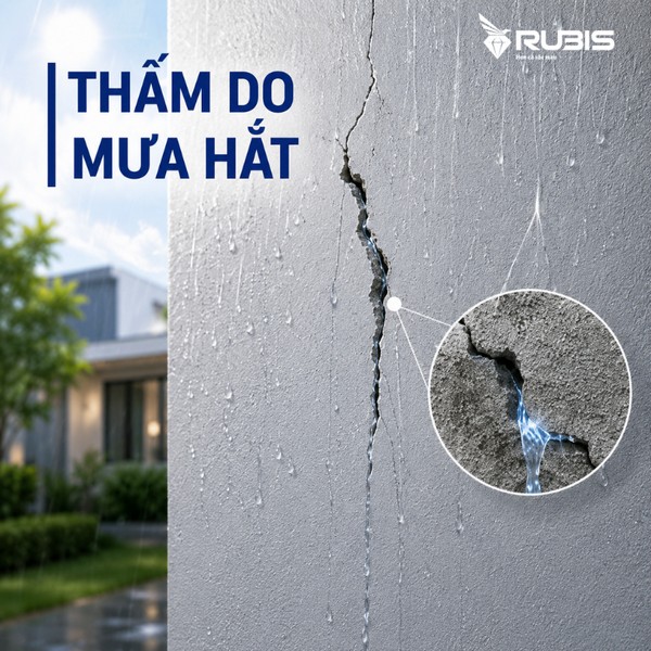 Bức tường ngoài trời xuất hiện vết nứt dọc và nước mưa thấm qua bề mặt, minh họa tình trạng cần chống thấm tường để ngăn nước xâm nhập, hạn chế hư hỏng kết cấu và bong tróc lớp sơn.