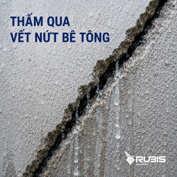Nước thấm qua vết nứt trên bề mặt bê tông và chảy xuống tường, minh họa tình trạng cần chống thấm tường để ngăn nước xâm nhập, bảo vệ kết cấu và hạn chế hư hỏng công trình.