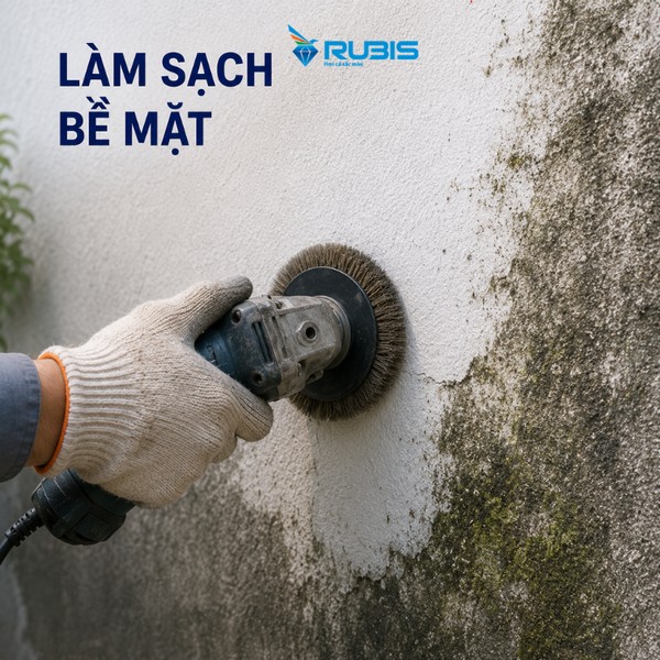 Công nhân sử dụng máy chà để làm sạch bề mặt tường, loại bỏ rêu mốc và lớp sơn cũ trước khi chống thấm tường, giúp vật liệu bám dính tốt và tăng hiệu quả thi công.