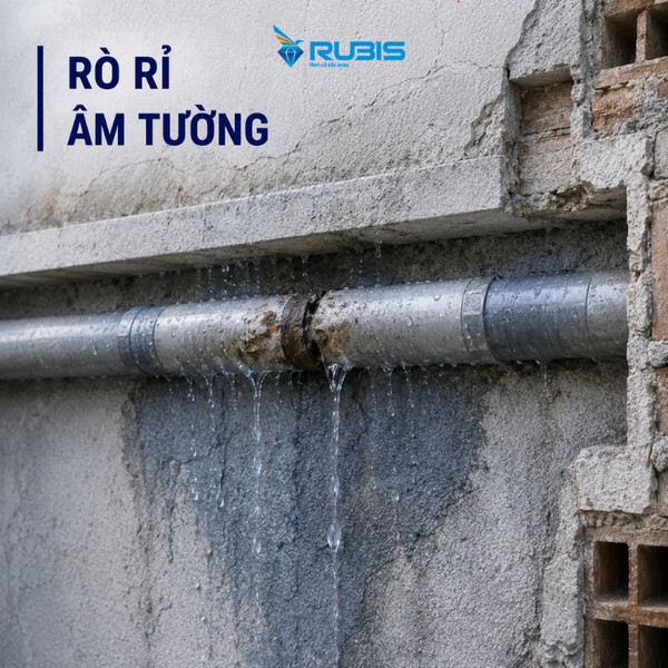 Ống nước âm tường bị rò rỉ khiến nước chảy ra ngoài, làm tường ẩm ướt và xuống cấp, minh họa nguyên nhân cần chống thấm tường để bảo vệ kết cấu công trình.