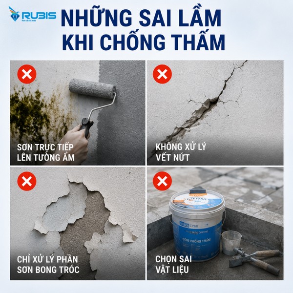 Infographic minh họa bốn sai lầm phổ biến khi chống thấm tường gồm thi công trên tường ẩm, không xử lý vết nứt, chỉ cạo bỏ lớp sơn bong tróc và lựa chọn vật liệu chống thấm không phù hợp.