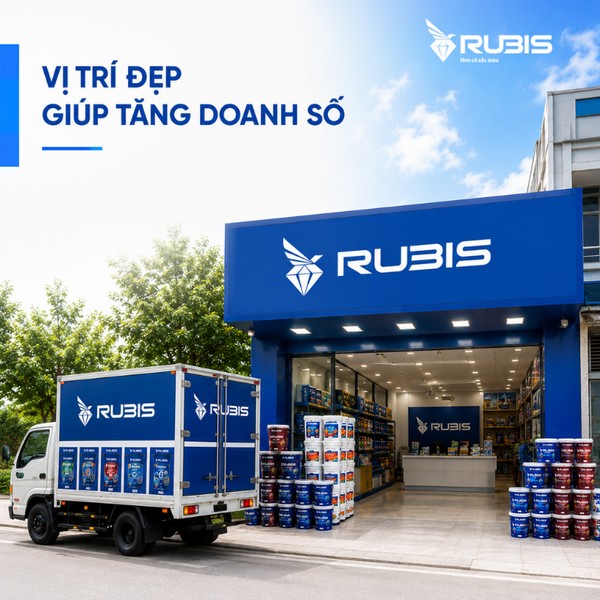 Hình ảnh minh họa vị trí cửa hàng khi mở đại lý sơn Rubis, với showroom mặt tiền rộng, biển hiệu Rubis nổi bật, sản phẩm sơn trưng bày và xe giao hàng phía trước.