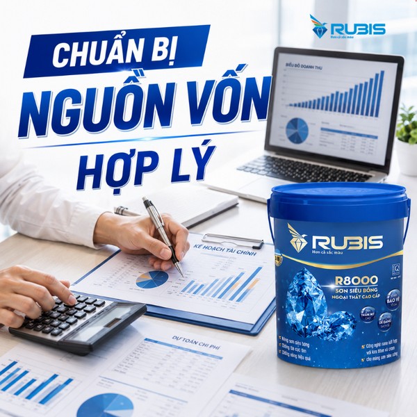 Hình ảnh minh họa chuẩn bị nguồn vốn khi mở đại lý sơn Rubis, với kế hoạch tài chính, bảng dự toán chi phí, biểu đồ doanh thu và sản phẩm sơn R800.