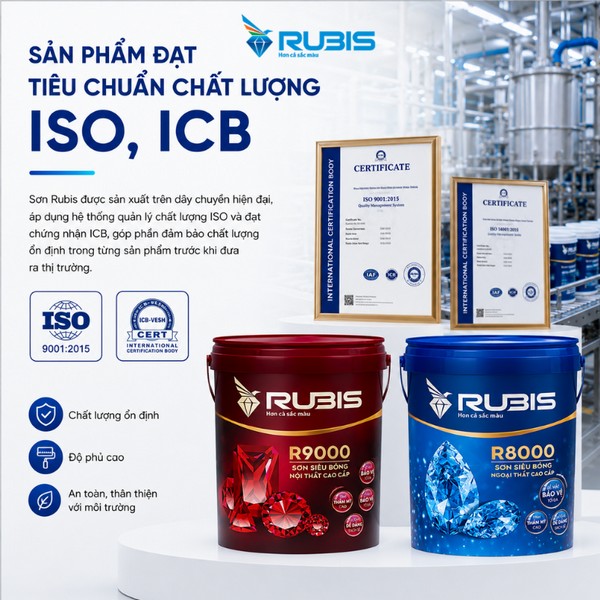 Hình ảnh minh họa sản phẩm sơn Rubis đạt tiêu chuẩn chất lượng ISO và ICB, với hai sản phẩm R8000, R9000 cùng chứng nhận chất lượng tại nhà máy sản xuất.