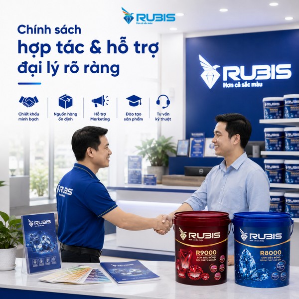 Hình ảnh minh họa chính sách hợp tác và hỗ trợ khi mở đại lý sơn Rubis, với đại diện thương hiệu trao đổi cùng khách hàng tại cửa hàng và các sản phẩm R8000, R9000.