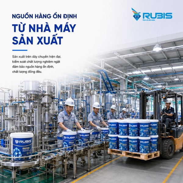 Hình ảnh nhà máy sản xuất sơn Rubis với dây chuyền hiện đại, công nhân đóng gói và vận chuyển sản phẩm, minh họa nguồn hàng ổn định khi mở đại lý sơn.