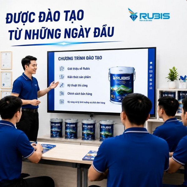 Nhân viên đang đứng thuyết trình trước nhóm đồng nghiệp trong phòng đào tạo, phía sau là màn hình giới thiệu chương trình đào tạo và các sản phẩm sơn.