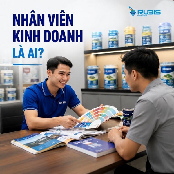 Nhân viên kinh doanh sơn nam mặc áo xanh đang giới thiệu bảng màu sơn cho khách hàng tại bàn tư vấn, phía sau là kệ trưng bày các sản phẩm sơn.
