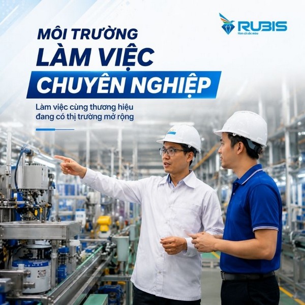 Hai nhân viên đội mũ bảo hộ đang trao đổi và quan sát dây chuyền máy móc trong một nhà xưởng sản xuất.