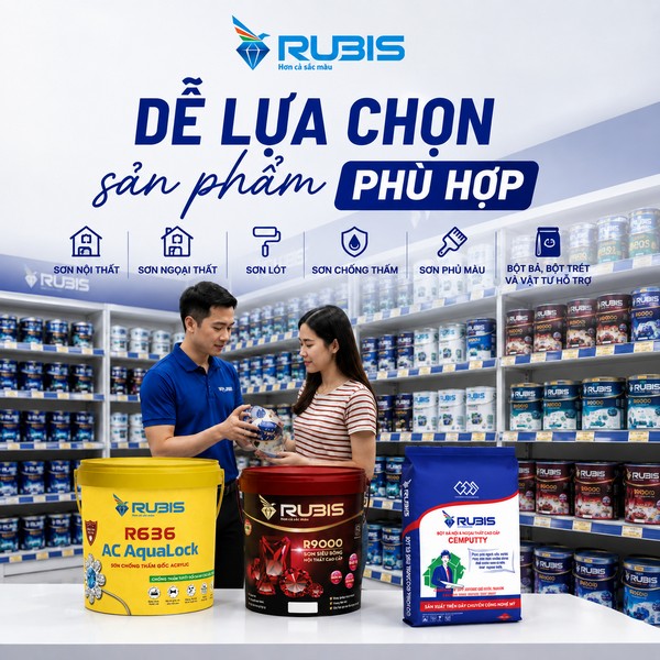 Cửa hàng sơn Rubis với khách hàng được tư vấn lựa chọn sơn nội thất, ngoại thất, chống thấm và bột bả phù hợp.
