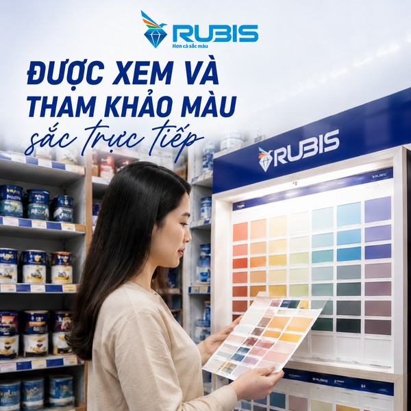 Cửa hàng sơn Rubis với khách hàng trực tiếp tham khảo bảng màu và mẫu sơn tại quầy trưng bày.
