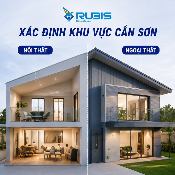 minh họa khu vực sơn nội thất và ngoại thất trên mẫu nhà.