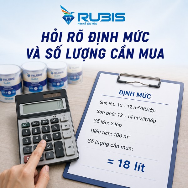 Rubis hướng dẫn tính định mức và số lượng sơn cần mua dựa trên diện tích thi công.
