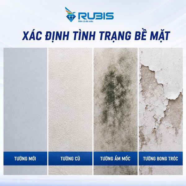 Rubis minh họa 4 tình trạng bề mặt tường: tường mới, tường cũ, tường ẩm mốc và tường bong tróc.