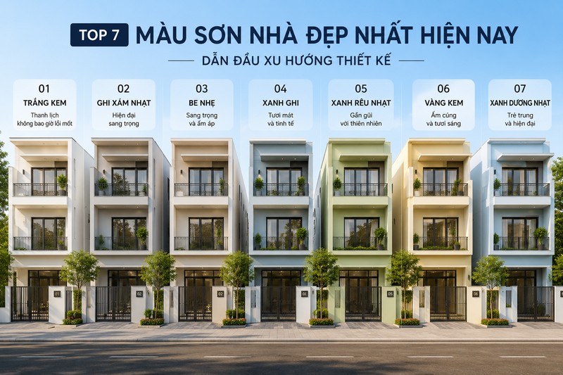 7 màu sơn nhà đẹp nhất hiện nay gồm trắng, ghi, xanh, be và các gam màu xu hướng được ứng dụng cho mặt tiền nhà phố hiện đại.