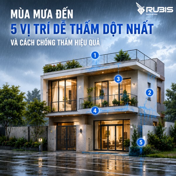 Ngôi nhà với các vị trí dễ bị thấm dột mùa mưa như mái, ban công, cửa sổ, tường ngoài và chân tường cần được chống thấm đúng cách.