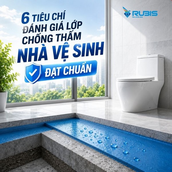 Minh họa chống thấm nhà vệ sinh với mặt cắt sàn thể hiện lớp chống thấm màu xanh được thi công bên dưới lớp gạch hoàn thiện.