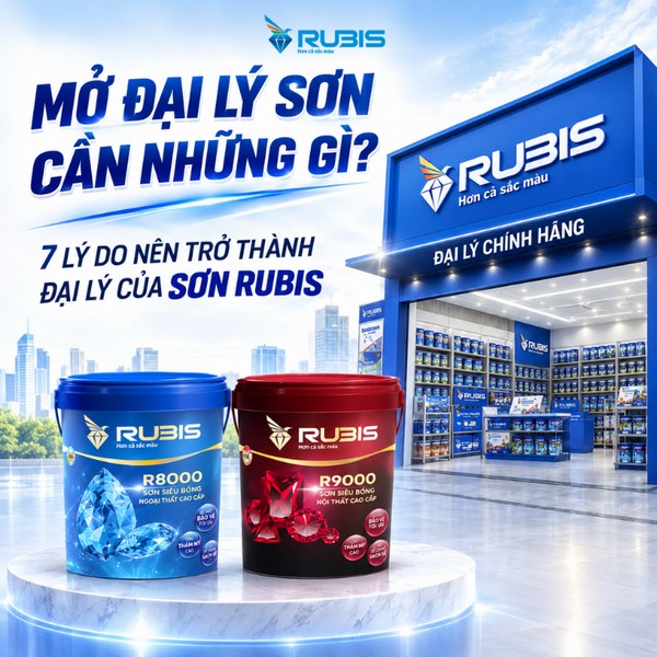 Hình ảnh minh họa mô hình mở đại lý sơn Rubis với showroom chính hãng trưng bày đa dạng sản phẩm sơn và hai thùng sơn R800, R900 ở phía trước.