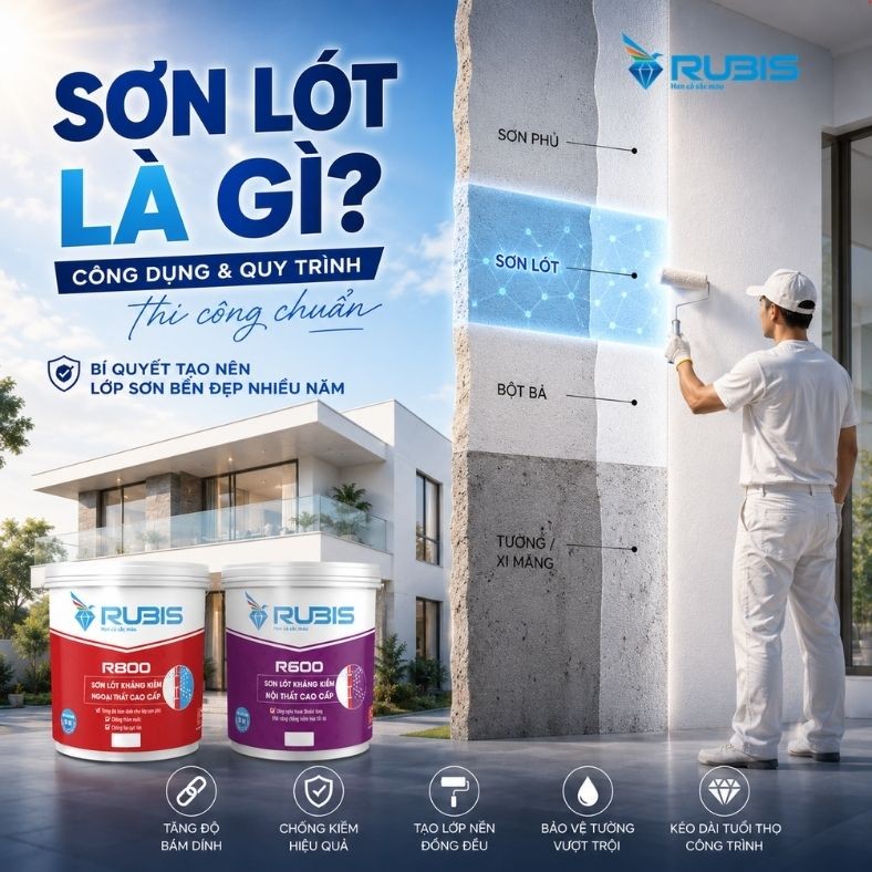 Thợ sơn mặc đồ bảo hộ đang lăn sơn lên bức tường chia thành nhiều mảng màu thử nghiệm, phía trước là hai thùng sơn lót Rubis đặt trước hình minh họa một ngôi nhà.