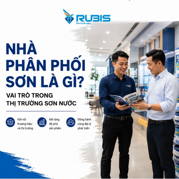 Hai người đàn ông mặc áo xanh đang trao đổi và xem tài liệu trước cửa hàng trưng bày các sản phẩm sơn để trở thành nhà phân phối sơn Rubis