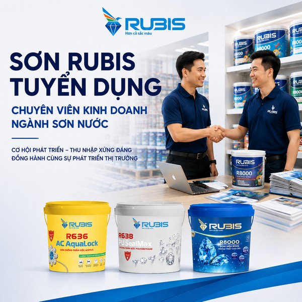 Sơn Rubis tuyển dụng nhân sự với hình ảnh đội ngũ nhân viên tại văn phòng và các sản phẩm sơn Rubis.