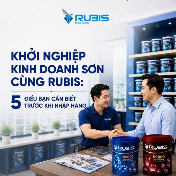 Hai người đàn ông đang bắt tay nhau tại quầy tư vấn trong cửa hàng sơn, phía sau là các kệ trưng bày nhiều thùng sơn với mục đích khởi nghiệp kinh doanh sơn