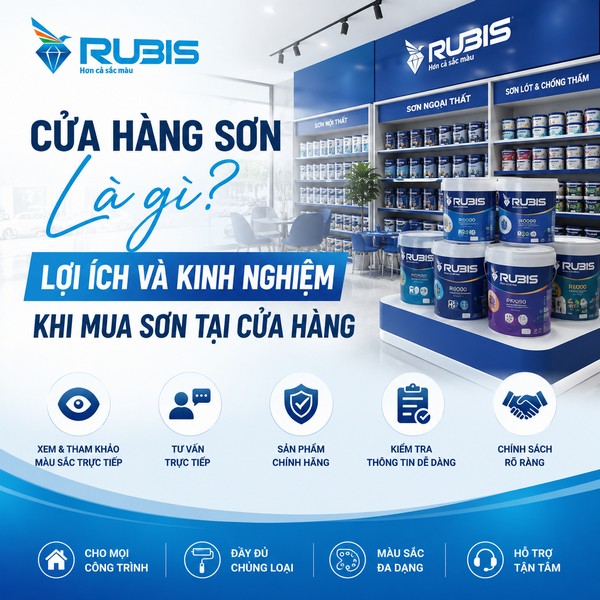 Cửa hàng sơn Rubis trưng bày đa dạng sơn nội thất, ngoại thất và sơn lót chống thấm.